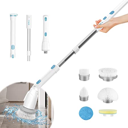 Electric Spin Scrubber,TER Cordless Shower Cleaning Brush with Adjustable Long Handle,Tub and Tile Power Scrubber, Adjustable Extension Handle & 6 Replaceable Brush Heads for Bathtub,Kitchen,Floor,Car