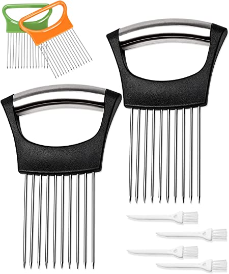 Onion Holder for Slicing,Stainless Steel Vegetable Holder Meat Slicer,Vegetable Potato Cutter Slicer, Onion Cutting Tool, Cutting Kitchen Gadget Onion Peeler(4PCS Holder with 4Pcs Mini Tools )