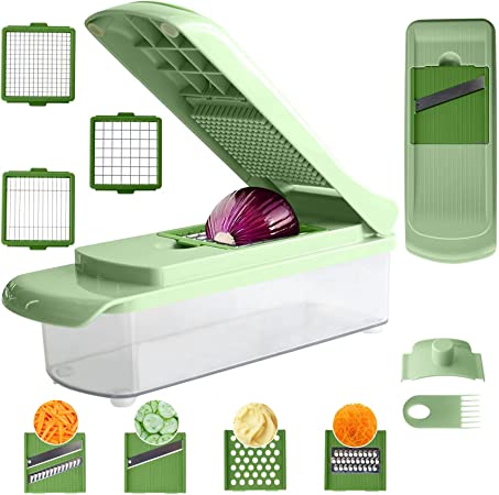 NmNHBaH 12-in-1 Vegetable Chopper with Container-Mandolin Slicer, Onion Chopper, Vegetable Chopper, Potato Chopper, Fruit Chopper and Kitchen Chopper-7 blades (Green)