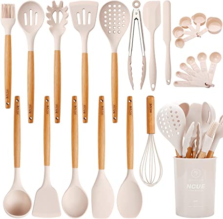 NCUE Kitchen Utensils Set, 26 pcs BPA Free Non-stick Silicone Cooking Kitchen Utensils Set with Holder, Wooden Handle Heat Resistance Silicone Spatula Spoon Kitchen Gadgets Utensils Set (Khaki)