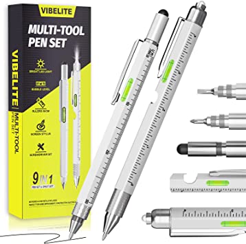 Gifts for Men 9 in 1 Multitool Pen Set, Cool Gadgets for Men, Multi-Tool Pen with LED Light, Stylus, Screwdrivers, Level, Bottle Opener, Ruler, Ballpoint Pen, 2 PCS Silver