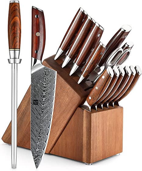 XINZUO Damascus 15-pc Kitchen Knife Set with Acacia Wood Knife Block, 67 Layers Damascus Steel Sharp Professional Cooking Knife Set -Multifunctional Kitchen Shears and Honing Steel -Rosewood Handle