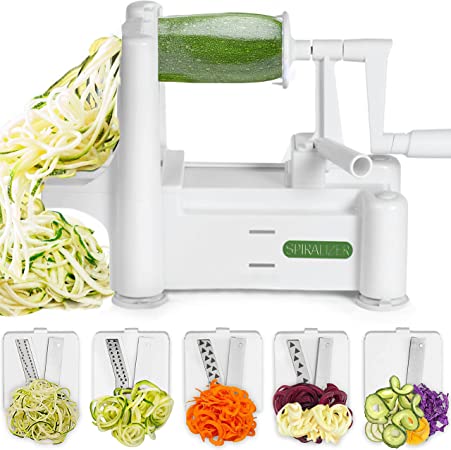 Spiralizer 5-Blade Vegetable Slicer – Strongest and Heaviest Spiral Slicer – Veggie Pasta Spaghetti Maker – Apple Potato Zucchini Slicer for Keto, Paleo, Non-Gluten Diets – Healthy Kitchen Gadgets