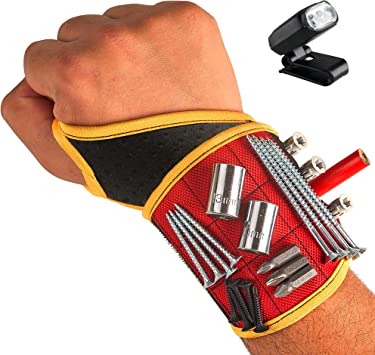 BINYATOOLS Magnetic Wristband RED With Flashlight Super Strong Magnets Holds Screws, Nails, Drill Bit. Unique Wrist Support Design Cool Gadget Gifts for Fathers, Boyfriends, Handyman, Electrician